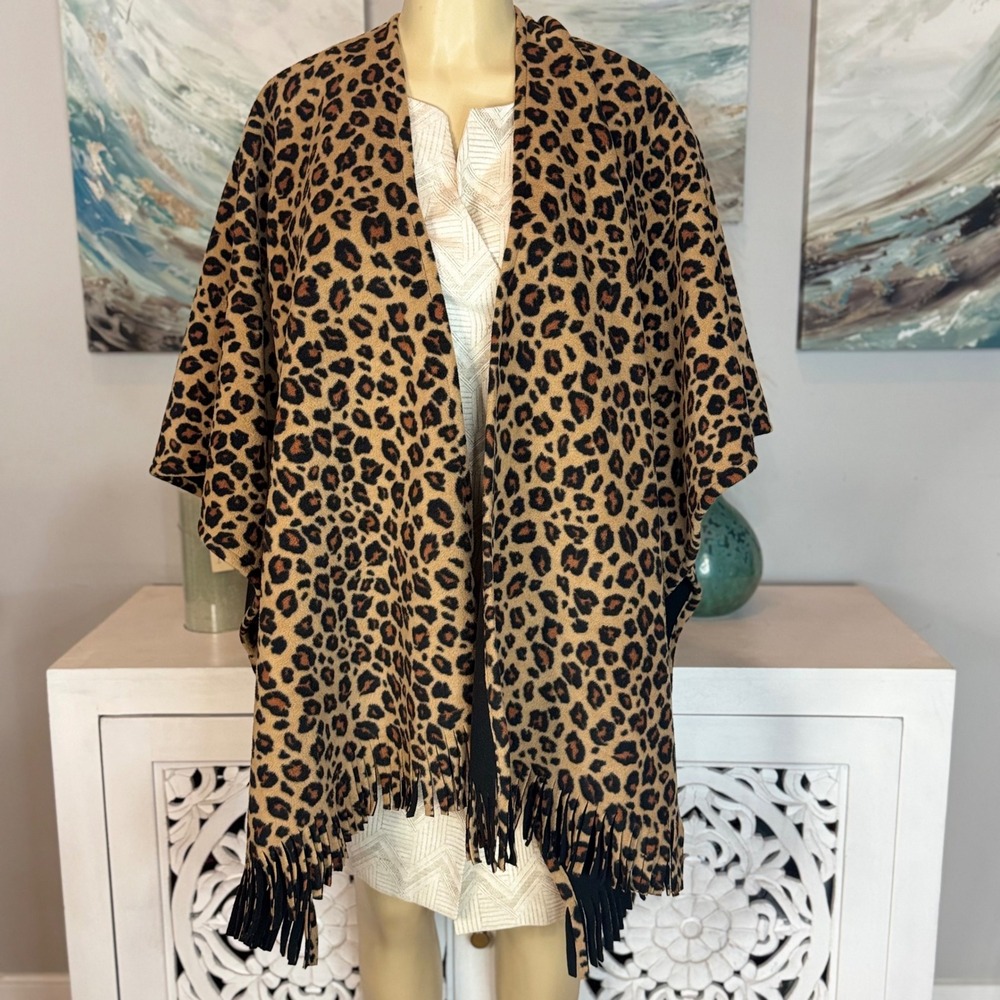 Vintage Leopard Print Fringed Wrap Cape Poncho One Size